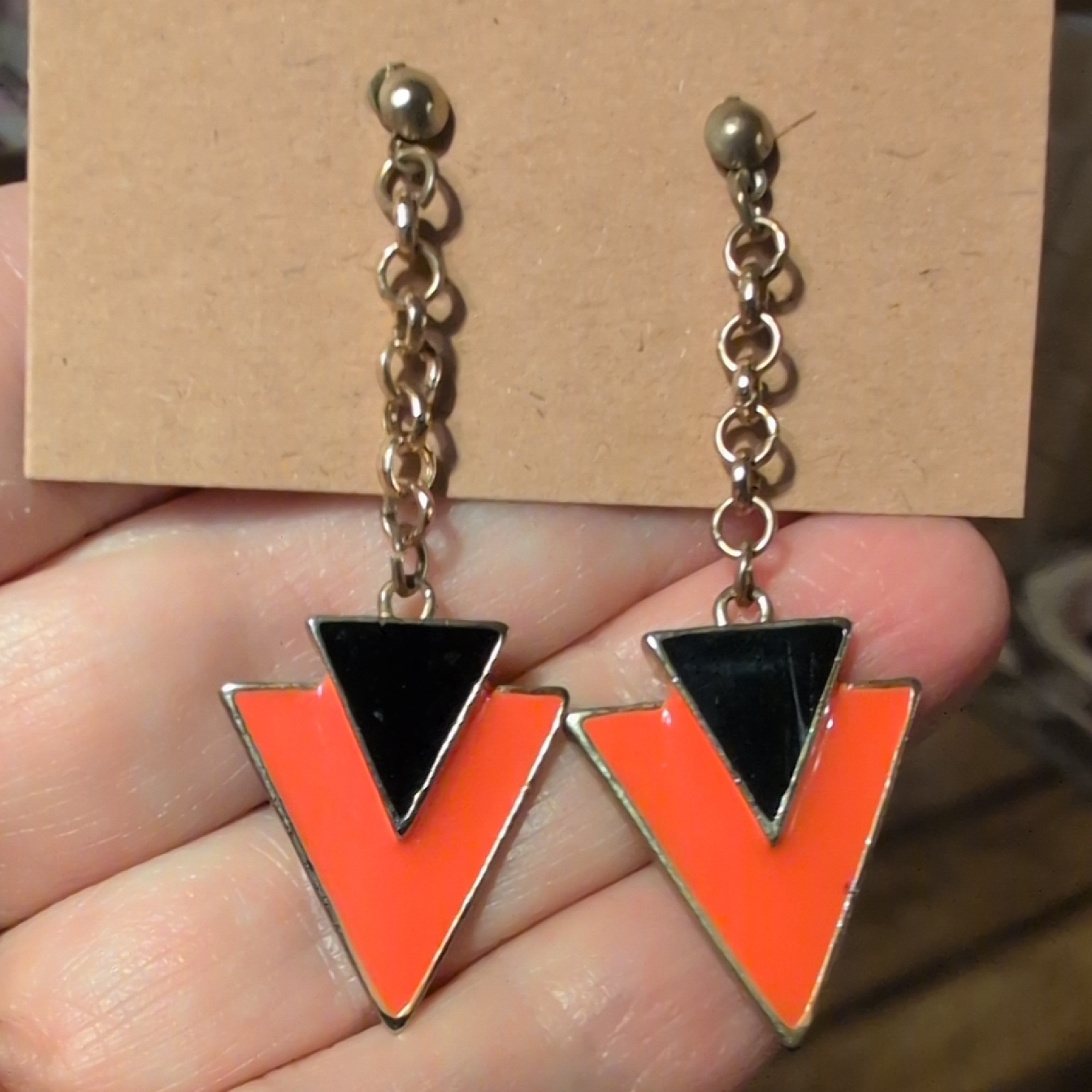 Orange And Black Enamel Triangle Dangle Earrings